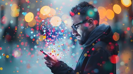 A man holding mobile phone with colorful blurred bokeh in the background. - obrazy, fototapety, plakaty