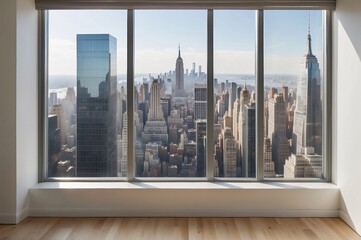 Empty interior from high-rise window showcasing expensive real estate with cityscape of skyscrapers in Midtown NYC at daytime