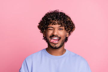 Fototapeta premium Photo of crazy funky cheerful woman wear blue outfit have fun good mood cool party isolated on pink color background
