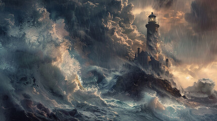 A fierce tempest pounds the sturdy lighthouse with towering waves, yet it remains resolute against the relentless fury of the ocean's assault - Powered by Adobe