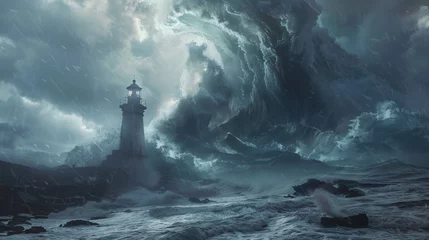 Fototapeten A fierce tempest pounds the sturdy lighthouse with towering waves, yet it remains resolute against the relentless fury of the ocean's assault © HillTract