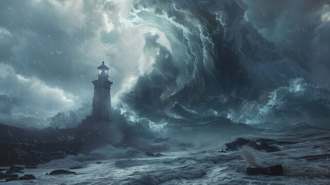 A fierce tempest pounds the sturdy lighthouse with towering waves, yet it remains resolute against the relentless fury of the ocean's assault