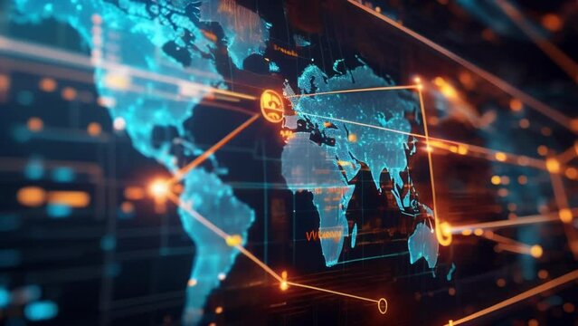 A holographic projection of a global map showcasing the interconnectedness of global markets and the impact of different economic events.