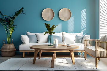 Rustic round coffee table near white sofa against turquoise wall. 
