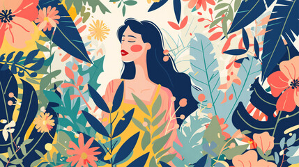 Obraz na płótnie Canvas Garden and gardening. Vector colorful illustration of a cute woman on a floral background of flowers, leaves and plants for spring and summer background, banner or poster. Women's Day greeting card