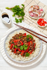 Thai holy basil stir fry with ground beef on plate