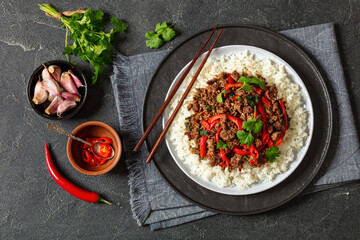 Thai holy basil stir fry with ground beef on plate