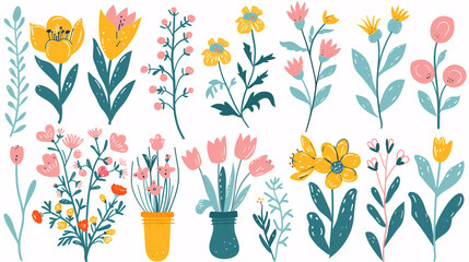 Spring Illustration Elements with Flowers and Plants