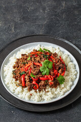 Thai holy basil stir fry with ground beef on plate