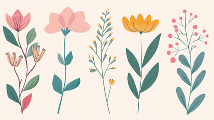 Spring Illustration Elements with Flowers and Plants