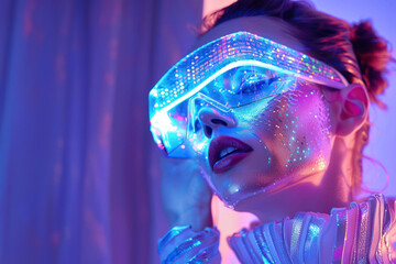An evocative image of a woman dressed in a contemporary, sparkly outfit with high-tech glasses