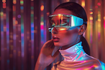 The image portrays a stylish person in techwear with glowing eyewear set against a warm-hued background