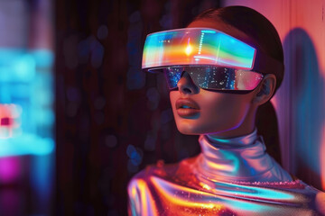 A woman in a futuristic costume wears a holographic visor against a neon-lit backdrop, evoking a sense of advanced technology
