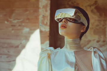 A woman decked in vintage attire wears a VR headset, bathed in soft sunlight, merging classic fashion with modern tech