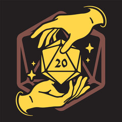 Hands Around D20 Dice That Floating in the Air. Vector Illustration in Silhouette Style