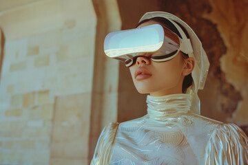 In warm sunlight, a modern woman dressed in contemporary attire experiences virtual reality, blending the new with the serene