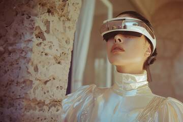 A lady sporting a virtual reality headset stands enveloped in natural light, symbolizing a harmonious tech-human balance