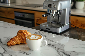 A modern kitchen with a marble countertop, a coffee maker, a mug, and a croissant. Top view with copy space. Flat lay