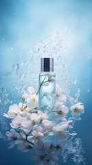 Bottle of perfume with white flowers in water splash on blue background