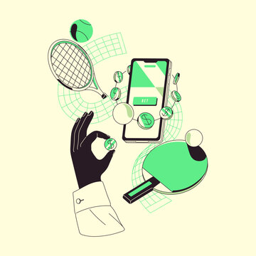 Gambling people bet on sports online, play games of chance. Person wagering on tennis, ping pong. Winner s hand with coins, rackets. Bookmaker service in mobile app. Flat isolated vector illustration