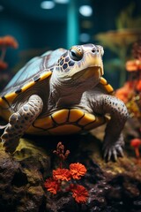 A sea turtle in the clear waters of the aquarium among the corals, International Turtle Day