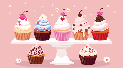 Table with delicious cupcakes. Flat vector.