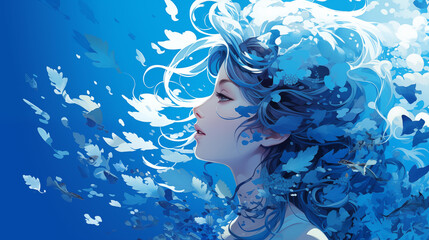 An anime girl and flower in blue