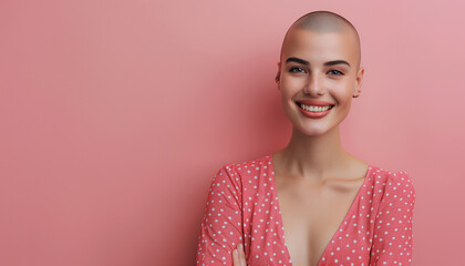 smiling beautiful young bald woman with cancer standing with arms crossed and feeling confident isolated over a pink background
