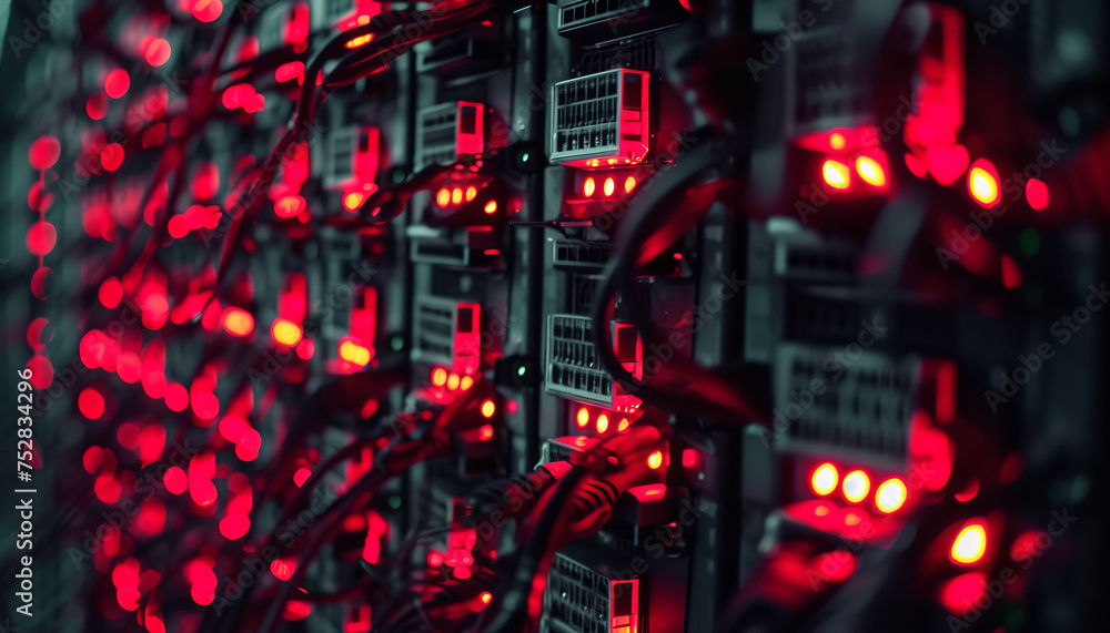 Wall mural hacked server farm with red warning lights flashing - wide format