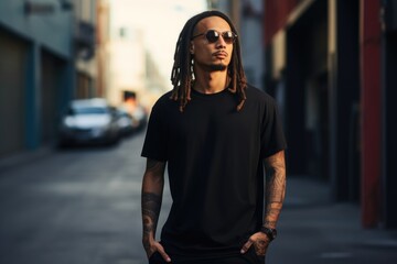Man in black t-shirt with urban street style. Casual fashion and tattoo culture.