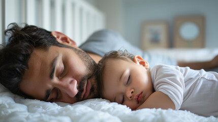 father and baby sleeping together in white bed at home - obrazy, fototapety, plakaty