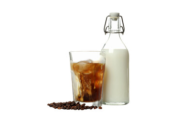 PNG, Glass with iced coffee, bottle of milk and coffee beans, isolated on white background