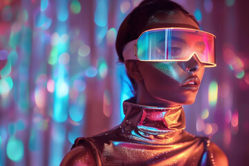 An intriguing image of a woman in a futuristic environment wearing reflective VR glasses bathed in multicolored light