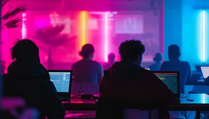 Foto op Plexiglas A secretive meeting unfolds in a cybercafé bathed in neon lights - where hackers exchange information and strategies - wide format © Davivd