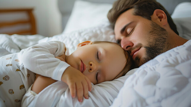 father and baby sleeping together in white bed at home