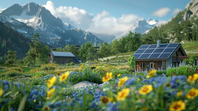 A minimalist house with a roof made of solar panels, nestled in a flower garden amidst a beautiful valley with a clear sky.
