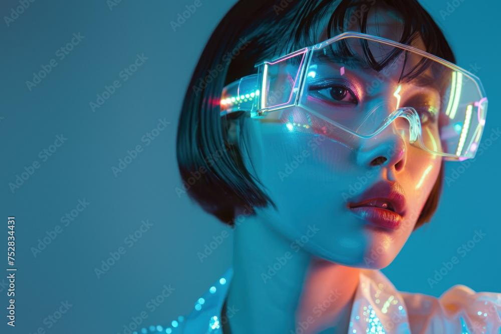 Poster partial view of a person's head with colorful lighting and technologically advanced glasses