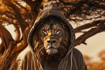 Epic lion in hoodie and sneakers front of majestic African tree beautiful lighting cinematic detail - obrazy, fototapety, plakaty
