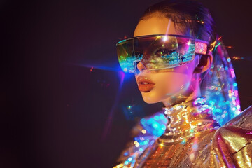 Image of a cyber woman outfitted with shiny apparel and neon lights that evoke a cutting-edge futuristic setting