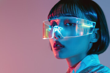 A futuristic portrait featuring a woman with reflective visor glasses glowing with neon lights - 752834479