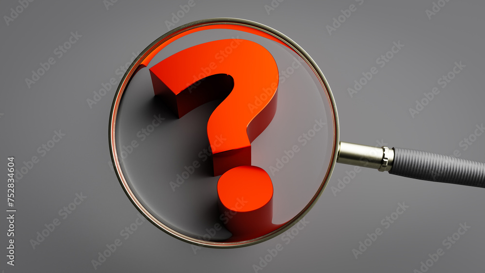 Poster question mark symbol magnified with a magnifying glass. 3d rendering