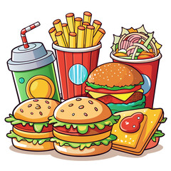 Illustration Featuring a Set of Fast Food Dishes and Drinks
