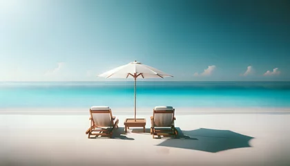 Fotobehang Plage tropicale de sable fin avec parasol et bains de soleil © Christophe