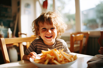 Happy child eating French fries at a sunlit kitchen table.