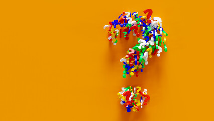 Yellow copy space background with question mark symbols in various shapes. 3d rendering