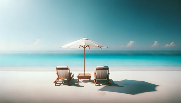 Plage tropicale de sable fin avec parasol et bains de soleil