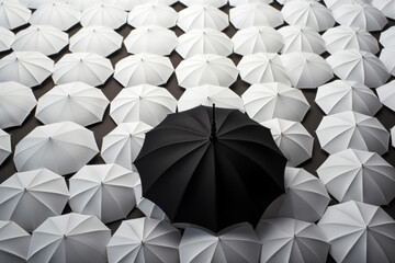 Black umbrella in a crowd of white one