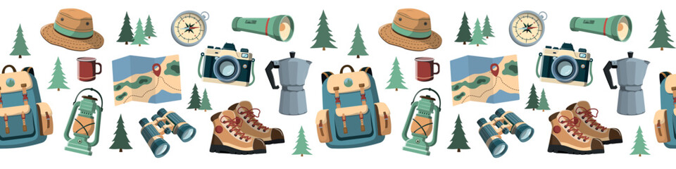 Collection of Summer Tourism and Camping equipment. Vector seamless border on white background. Forest travel and adventure accessories.