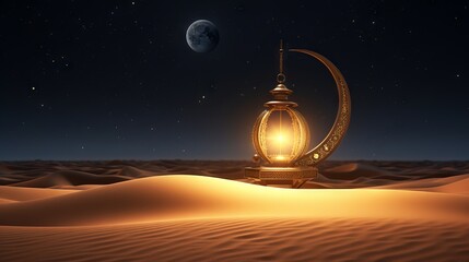 Illuminated arabic lantern rests by golden crescent moon on sand dune: islamic religious symbolism in 3d render
 - obrazy, fototapety, plakaty