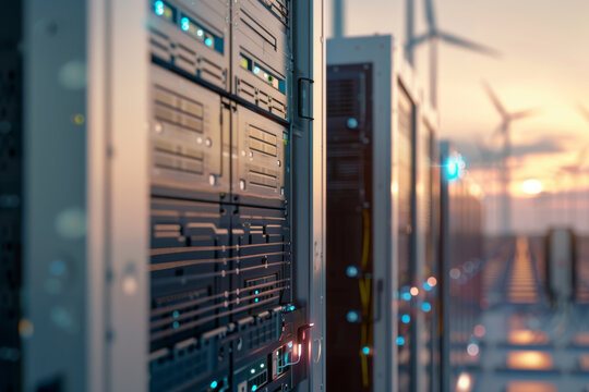 Data Center Racks with Wind Turbines in Background for Sustainable Energy Concept - Powered by Adobe